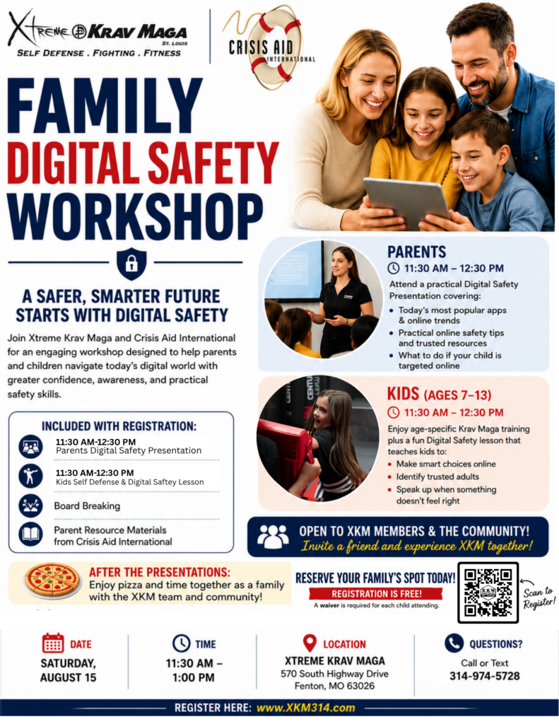 Family Digital Safety Workshop at Xtreme Krav Maga with Crisis Aid International for parents and children ages 7–13.