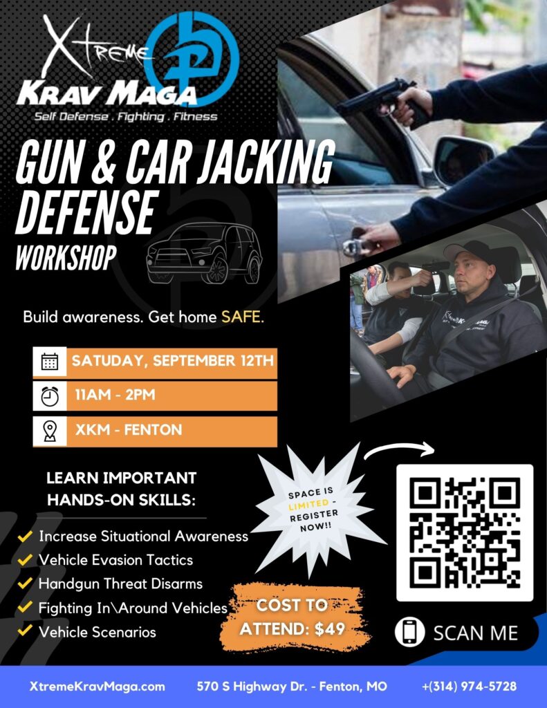 Learn practical, reality-based handgun threat and carjacking defense skills during this hands-on workshop at Xtreme Krav Maga. Saturday, September 12, 11:00 AM–2:00 PM.