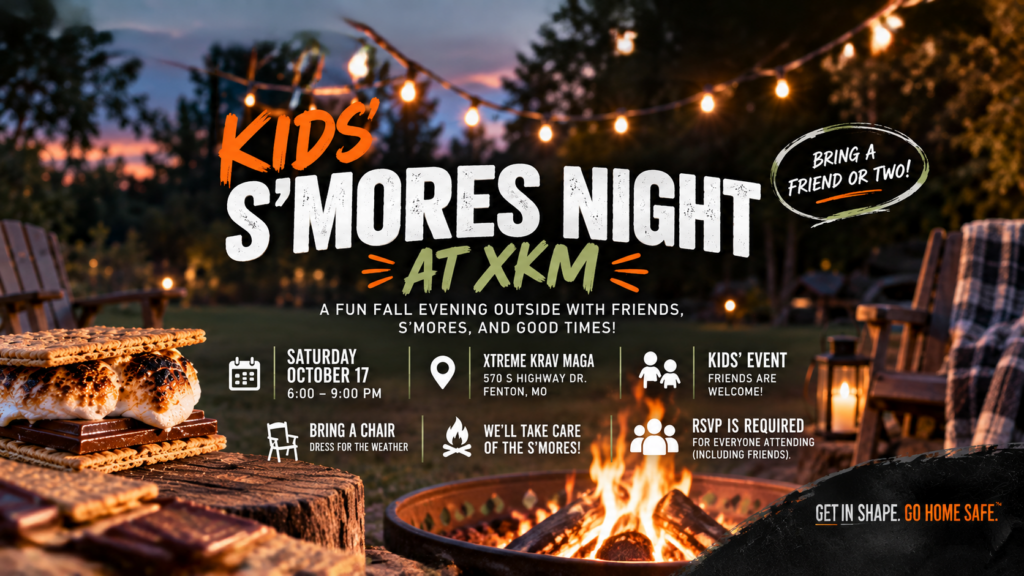 Kids’ S’mores Night at Xtreme Krav Maga in Fenton, Missouri, featuring an outdoor fall gathering with a campfire and s’mores.