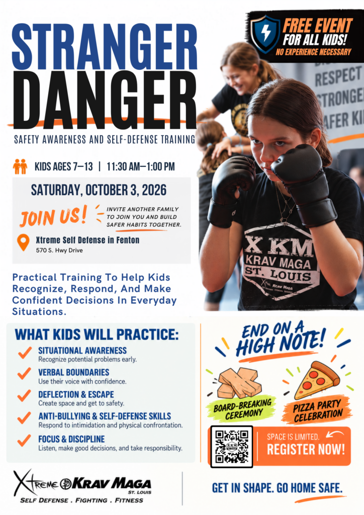 Free Stranger Danger safety awareness and self-defense seminar for kids ages 7–13 at Xtreme Krav Maga in Fenton on October 3, 2026.