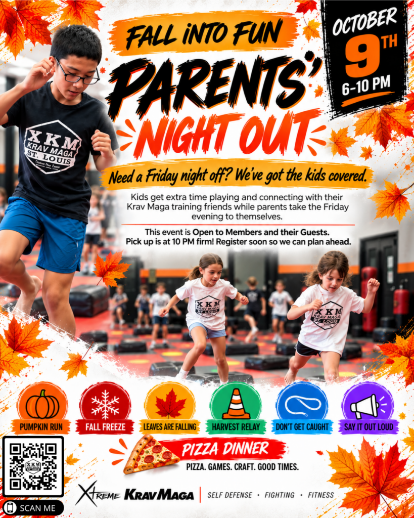 Parents’ Night Out Fall Into Fun event at Xtreme Krav Maga in Fenton on October 9, featuring kids’ activities, games, pizza, and Krav Maga friends.