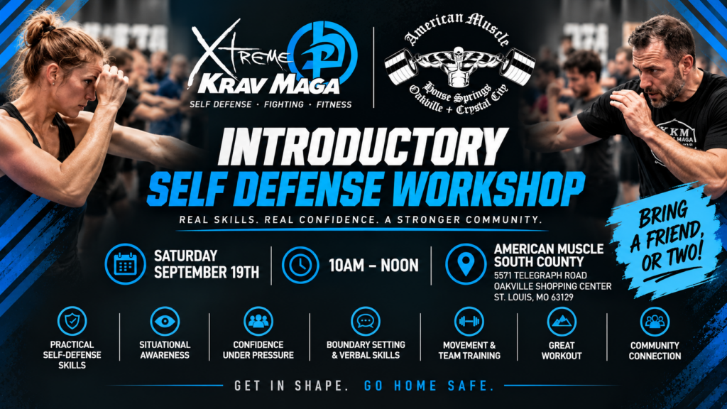 Free community self-defense workshop at American Muscle South County in St. Louis presented by Xtreme Krav Maga on September 19.